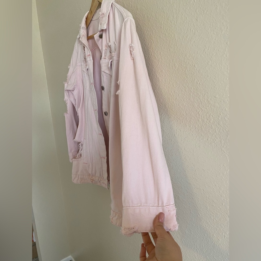 Light Pink Distressed Denim Jacket - Picture 3 of 10
